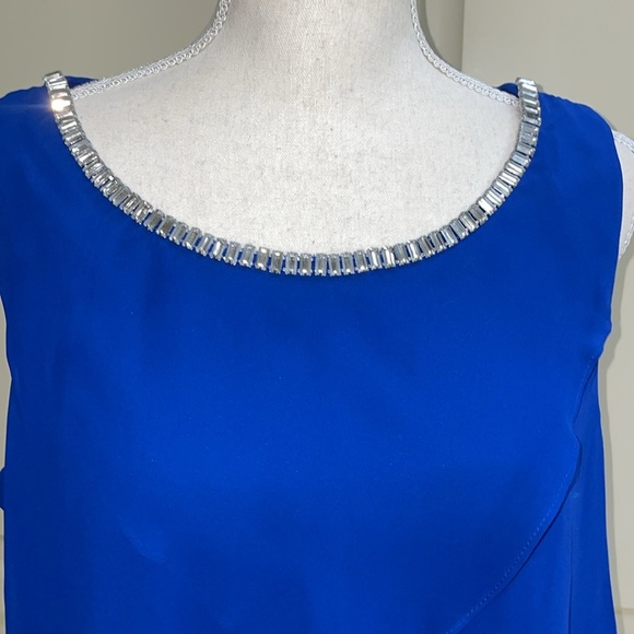 S Levine Rhinestone Neckline Tiered Ruffle Tank Blouse Bright Lapis Blue Size L - Picture 4 of 10